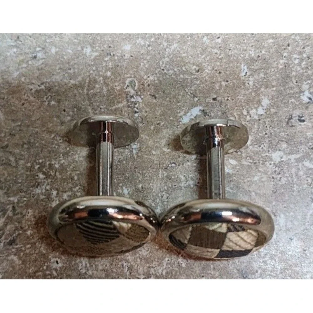 Vintage Cufflinks Round Brown Blue Silver Plaid Fabric Silver Tone